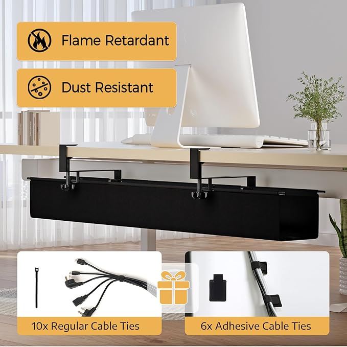 Under Desk Cable Management Tray 39.7" - No Drill Computer Wire Organizer Cable Tray, Cord Hider Clamp Mount with 16X Cable Ties PC Cables Management Cord Holder for Office/Home (Upgrade Fabric,Black)