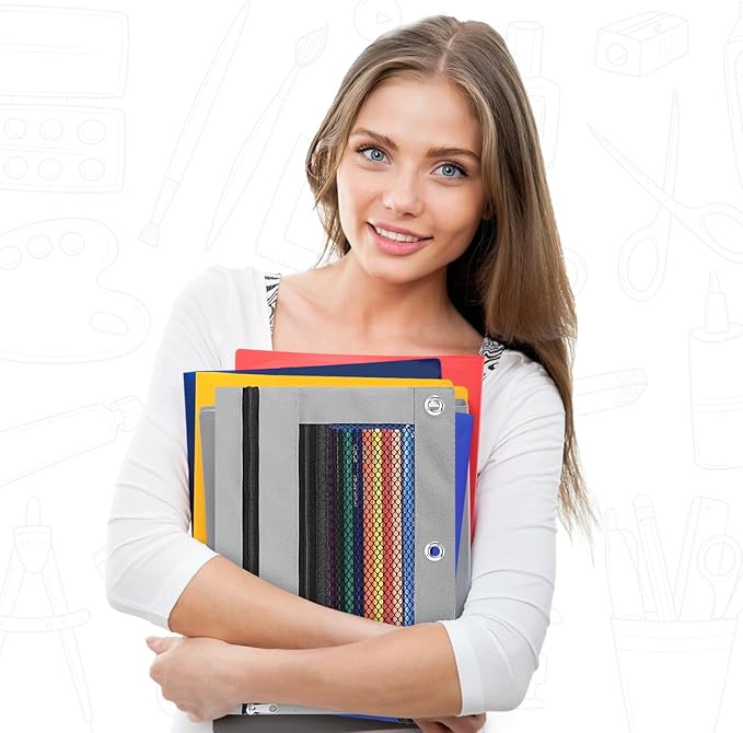 Pencil Pouch for 3 Ring Binder - 3 Hole Zipper Pen Case Bag Holder Bulk Accessories Clear Window Aesthetic Organizer Pockets (Grey, 1)