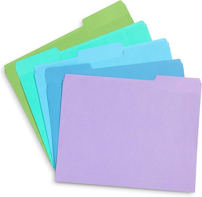 Blue Summit Supplies Ocean Tone Colored File Folders Letter Size, 1/3 Cut Top Tab File Folders, Assorted Blue and Green Colored, for Organizing and File Cabinet Storage, 100 Pack