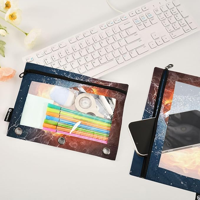 American Football Fire Water Pencil Pouch for 3 Ring Binder, 2 Pack Waterproof Pencil Bags Clear Window Pencil Case Zipper School Office Supplies