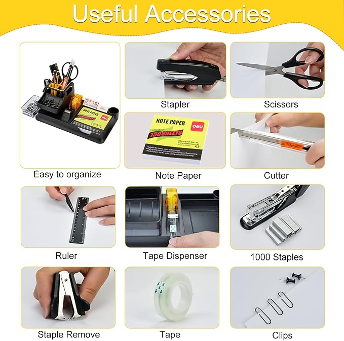 deli Black Office Supplies for Desk, 17Pcs Desk Organizers and Accessories with 4 Pens,Tape Dispenser,Stapler,Staples,Staple Remover,Pen Holder,Scissor,Ruler,Eraser,Note Pad,Cutter,Clips Set