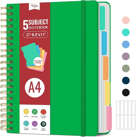 Hardcover Spiral Journal Notebooks for Work With Removable Dividers & Tabs, 8.5"x11" 5 Subject Notebook for Note Taking & Organizer, A4 College Ruled Lined Journal for Women & Writing, Racing Green, 280 Pages