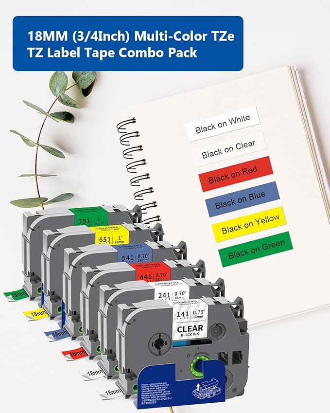 6-Pack TZ 18mm 0.7 Inch Laminated Multi Color Compatible for P Touch Label Tape TZe-141 241 441 541 641 741 for Ptouch PT-D400 PTD410 D610BT D600, Clear/White/Red/Blue/Yellow/Green