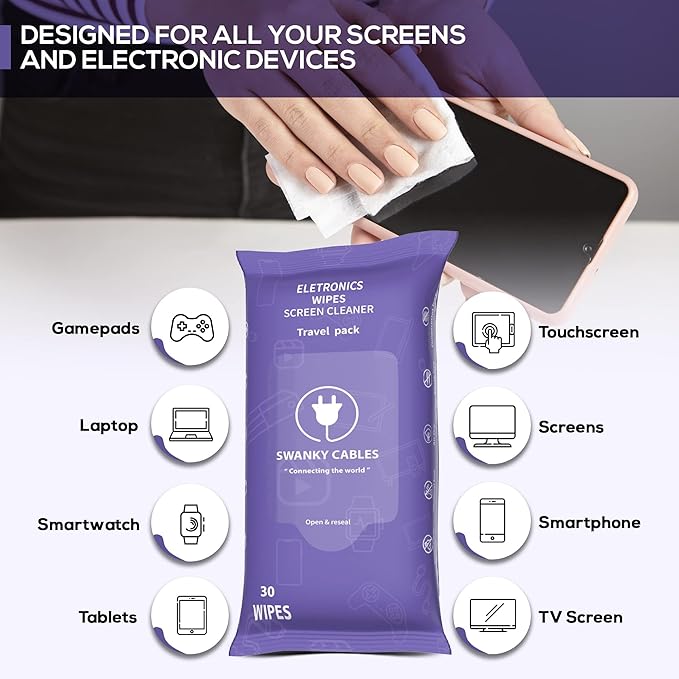Swanky Wipes: Screen Cleaner Wipes - Electronics, Computer, TV, Laptop Monitor & Lens Cleaner, Travel Size Cleaning Wipes for Home, Office & On-the-Go, Includes Microfiber Cloth - Soft Wipes, 90 Count