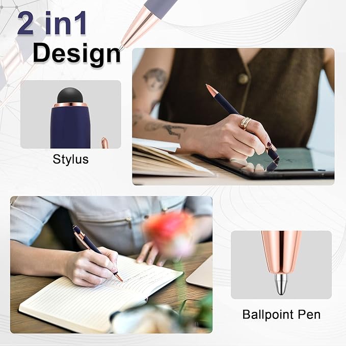 12 Pieces Ballpoint Pen with Stylus Tip, 1.0 mm Black Ink Metal Pen Stylus Pen for Touch Screens, 2 in 1 Stylus Ballpoint Pen (Cyan and Rose Gold)