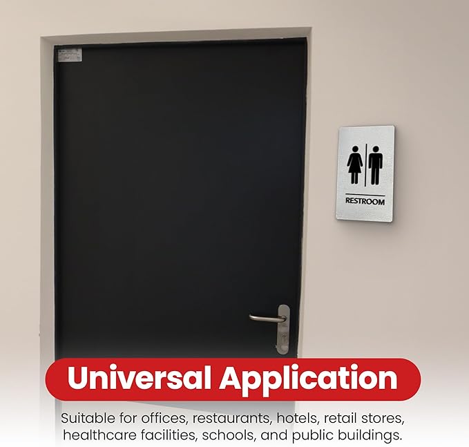 Promot Unisex Bathroom Sign – ADA Braille Restroom Sign for Business, Self-Adhesive, 9" x 6", Commercial Door Signage, Office Wall Decor - Brushed Steel