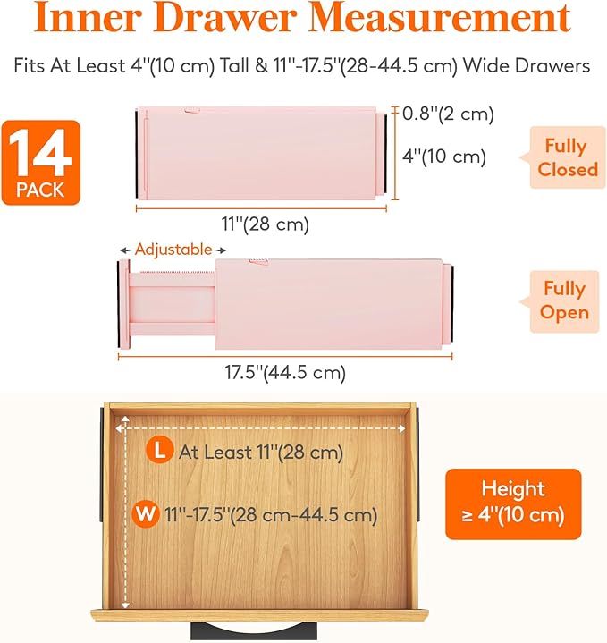 Lifewit 14 Pack Drawer Dividers 4" High, 11-17" Adjustable Drawer Organizers for Clothes, Expandable Dresser Separators in Bedroom/Bathroom/Kitchen/Fridge/Office Organization and Storage, Pink