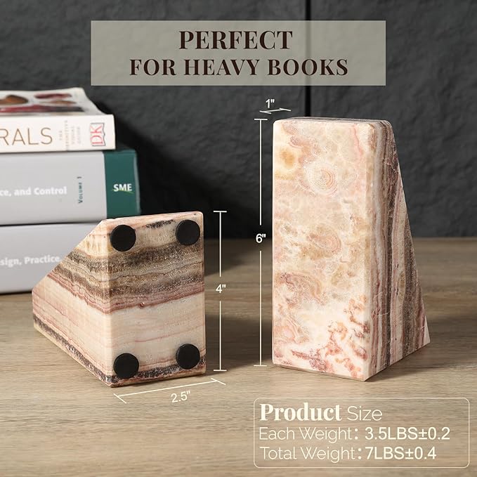 Koville Natural Onyx Bookends for Shelves, Decorative Bookends for Heavy Books, Non-Slip Heavy Duty Book Stopper for CD/Movies, Aesthetic Decorative Book Ends for Bookshevles Table Home Decor