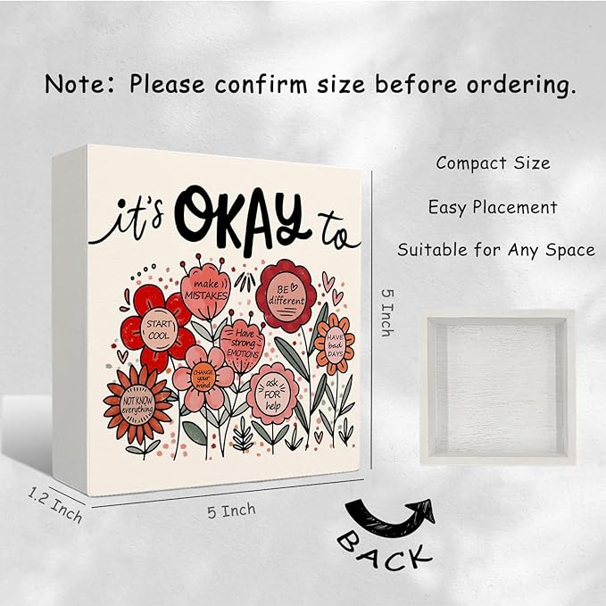 Boho Floral Mental Health Wooden Sign - Therapy Office Must Haves, Self Love Gifts for Women, It's Okay To Inspirational Wood Signs for Therapy Counselor Desk Shelf Tabletop Decor, 5x5 Inches