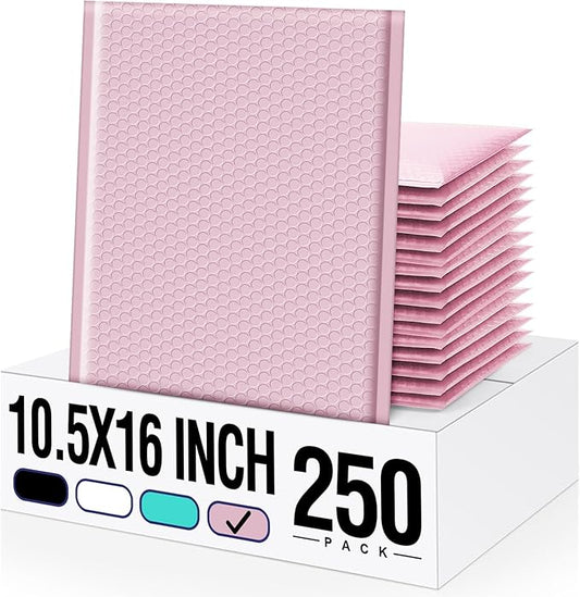 Fuxury Bubble Mailers 10.5x16#5 Light Pink,Self Seal Strong Adhesive Poly Padded Envelopes,Waterproof Bubble Mailing Envelopes,Cushioning Packaging Bags for Books,Clothes, Makeup Supplies 250 Pack