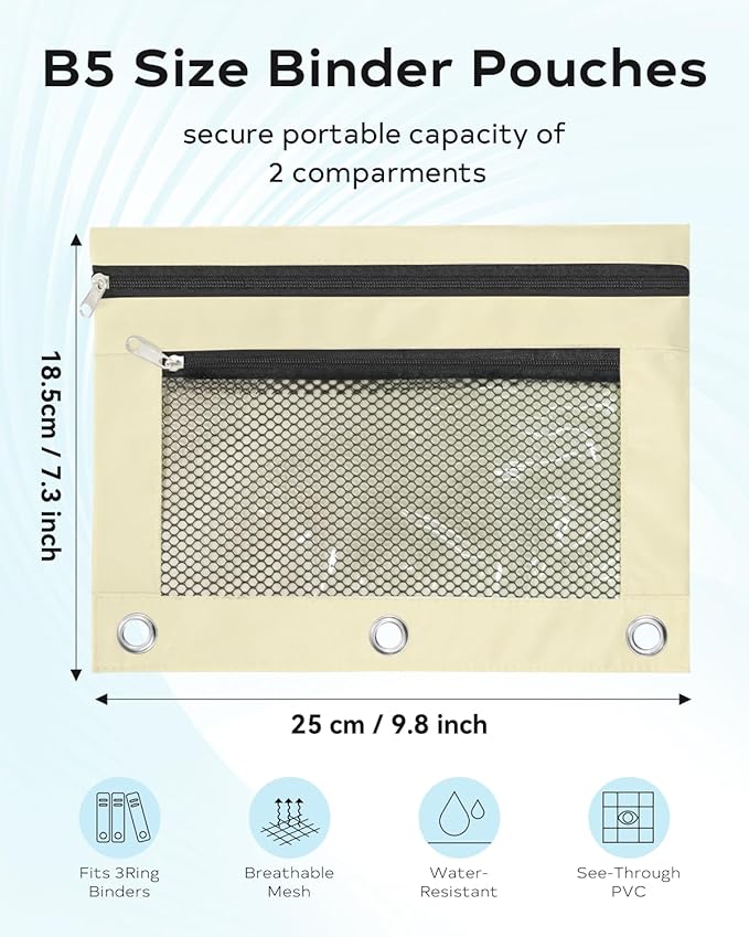 Pencil Pouch for 3 Ring Binder - 3 Hole Zipper Pen Case Bag Holder Bulk Accessories Clear Window Aesthetic Organizer Pockets (Beige, 1)