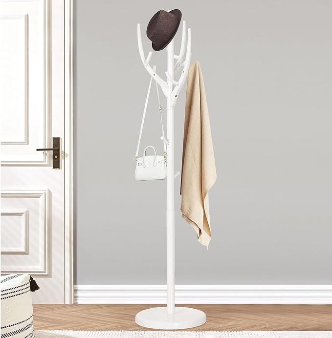 Coat Rack Freestanding, Wooden Coat Rack Stand with 16.5" Round Base, Tree Branch-look, 72" Coat Tree Standing Heavy Duty Clothes Hanger with 12 Hooks for Corner Entryway, White