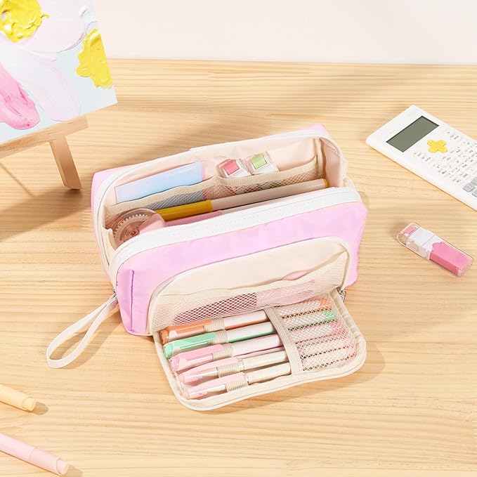 Sooez Big Capacity Pencil Case, Extra Large Pencil Pouch with Zipper Pocket, Wide Opening Pencil Bag, Portable Stationery Organizer, Cute Aesthetic School Office Supplies for Teens Girls Adults, Beige