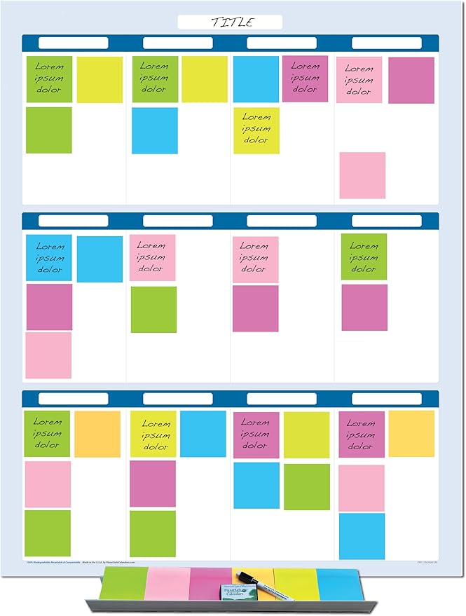 Sky Blue 12 Section Task, Objective and Goals Planning System Vertical 56" Tall x 36" Wide. Wall Tray, Dry-Erase Marker, Eraser and 600 Sticky-Notes