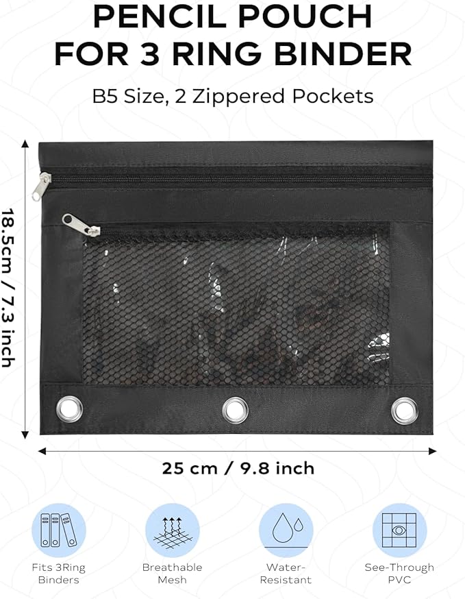 3 Ring Binder Pencil Pouch - School Pencil Case with 2 Zippered Pockets, Clear Mesh Window Pencil Bag, B5 Size, Back to School Gifts (Black)