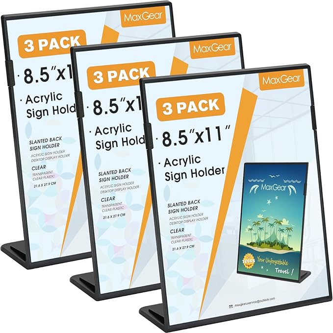 MaxGear Fall Resistant Acrylic Sign Holder 8.5 x 11 Inches 3 Pack, Slant Back Table Flyer Menu Display Stand, Heavy Duty Plastic Acrylic Sign Frame Paper Holder for Business, Store, Restaurant, Black