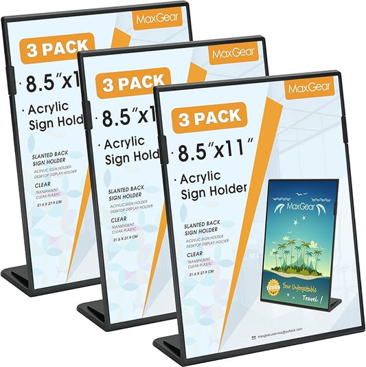 MaxGear Fall Resistant Acrylic Sign Holder 8.5 x 11 Inches 3 Pack, Slant Back Table Flyer Menu Display Stand, Heavy Duty Plastic Acrylic Sign Frame Paper Holder for Business, Store, Restaurant, Black