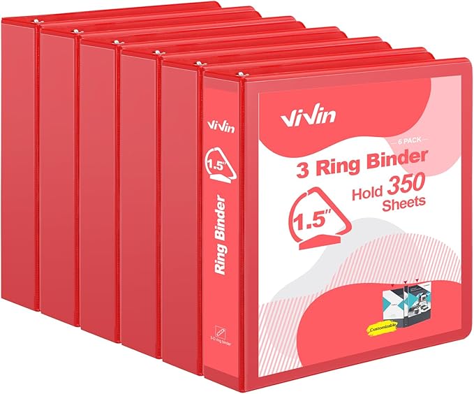 ViVin Sturdy 1.5 Inch 3 Ring Binder with Pockets,Slant-D Ring, PVC-Free, Customizable Clear View Binder,Holds 350 Sheets of 8.5" x 11" Paper, 6 Pack (Red)