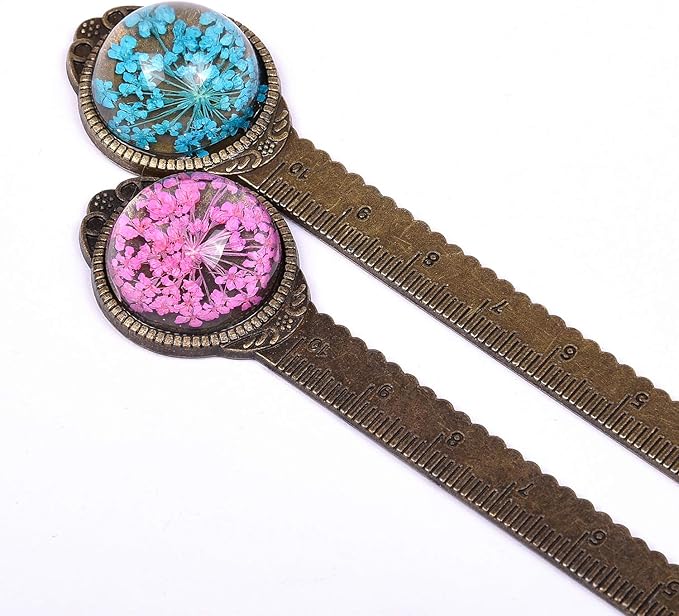 Wisdompro 2 Pcs Metal Bookmark, Retro Vintage Bronze Book Mark Ruler with Dried Flower, Packaged in a Gift Box - an Ideal Gift for Kids, Students, Teachers, Book Lovers - Blue, Hotpink