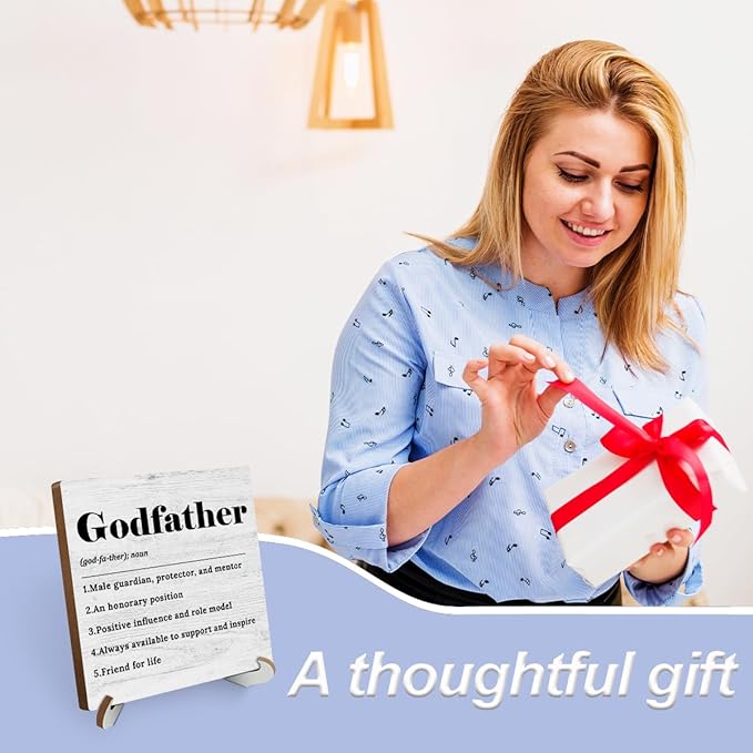 Godfather Definition Wood Sign Christian Desk Decor Rustic Office Cubicle Decor Positive Plaque with Wooden Stand Farmhouse Religious Office Desk Accessories for Home Table Shelf Godfather Gift