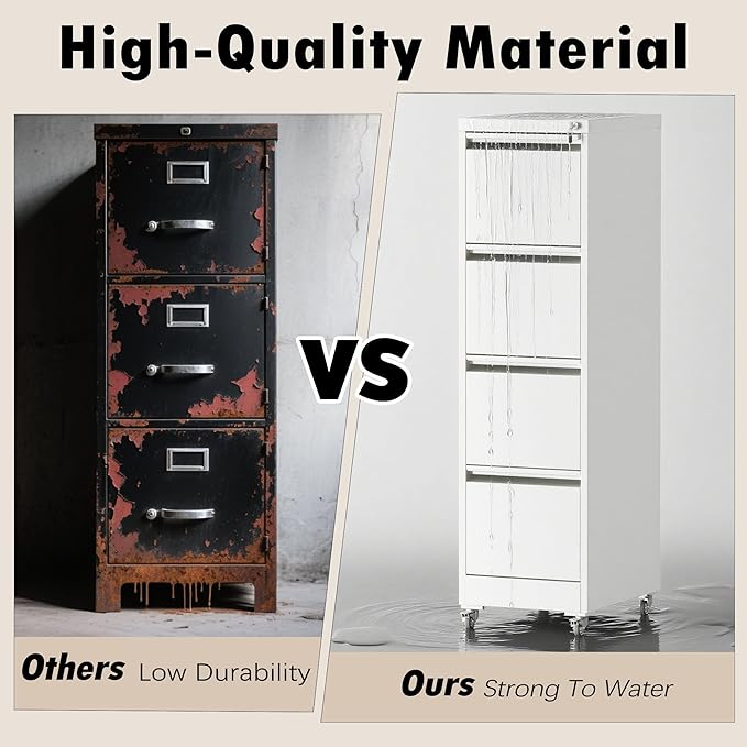 File Cabinet with Lock, 4 Drawers Filing Cabient with Wheel, Steel Vertical Filing Storage Cabinet for Home Office, Heavy-Duty File Cabinets for Letters/Legal/A4 (Require Assembly, White)