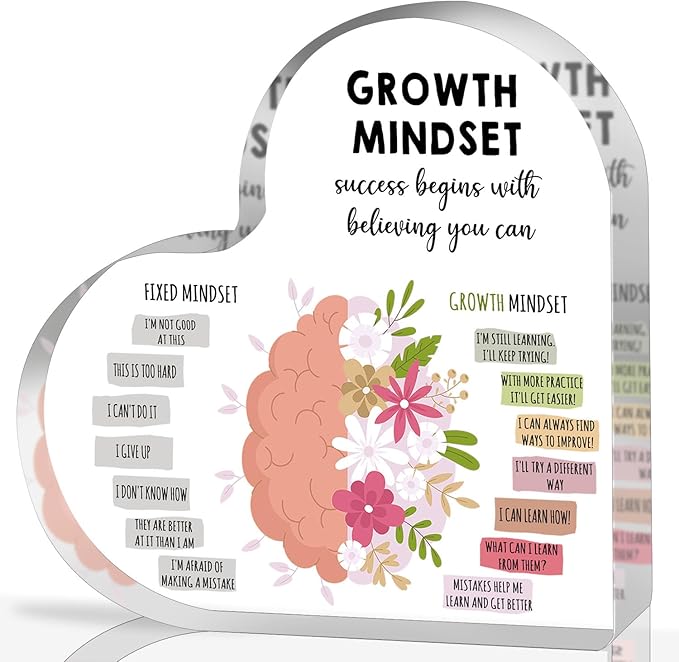 Growth Mindset Decor, Therapy Office Mental Health Classroom Art Educational Acrylic Heart Inspirational Gift Change Your Mindset Decorations Positive Sayings Inspirational Gifts for Teacher Students