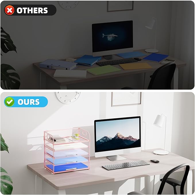 Marbrasse Paper Organizer Letter Tray, 5 Tier Mesh File Organizer with Handle, Paper Sorter Desk Organizer for Home Office Supplies - Pink