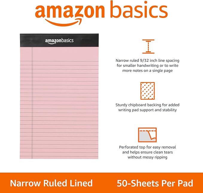 Amazon Basics Narrow Ruled 5-Inch by 8-Inch Lined Writing Note Pads, 6 Count (50 Sheet Pads), Multicolor