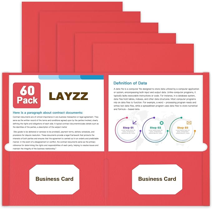 Folders with Pockets, LAYZZ 60 Pack Paper Pocket Folders, 2 Pocket File folders Fits Letter Size Paper, for School Office and Home (Red)