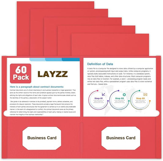 Folders with Pockets, LAYZZ 60 Pack Paper Pocket Folders, 2 Pocket File folders Fits Letter Size Paper, for School Office and Home (Red)