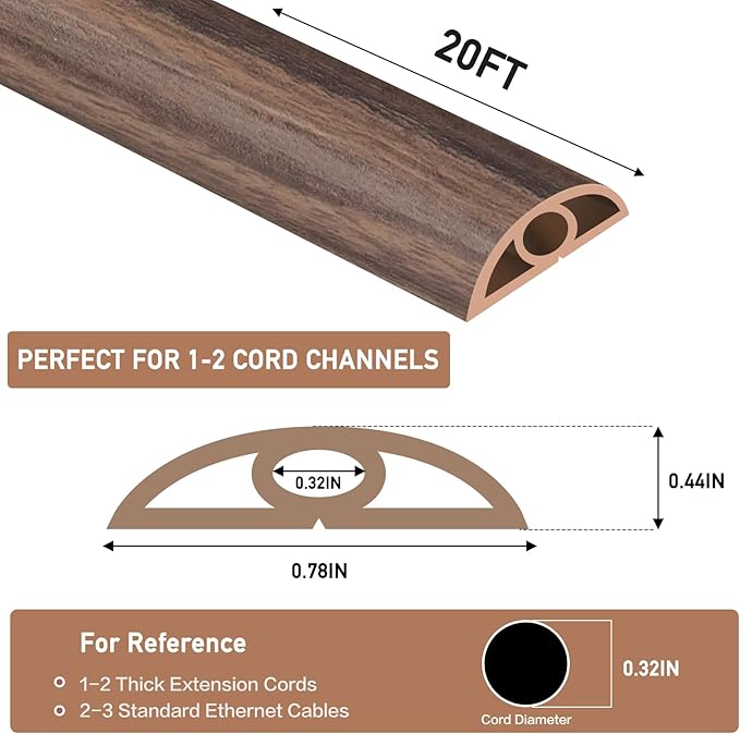Floor Cord Cover Self Adhesive Cord Hider Floor Extension Cord Covers for Floor Power Cord Protector Cable Management Prevent Cable Trips Cable Cavity 0.32" W x 0.32" H (Smoked Brown Wood, 20Ft)