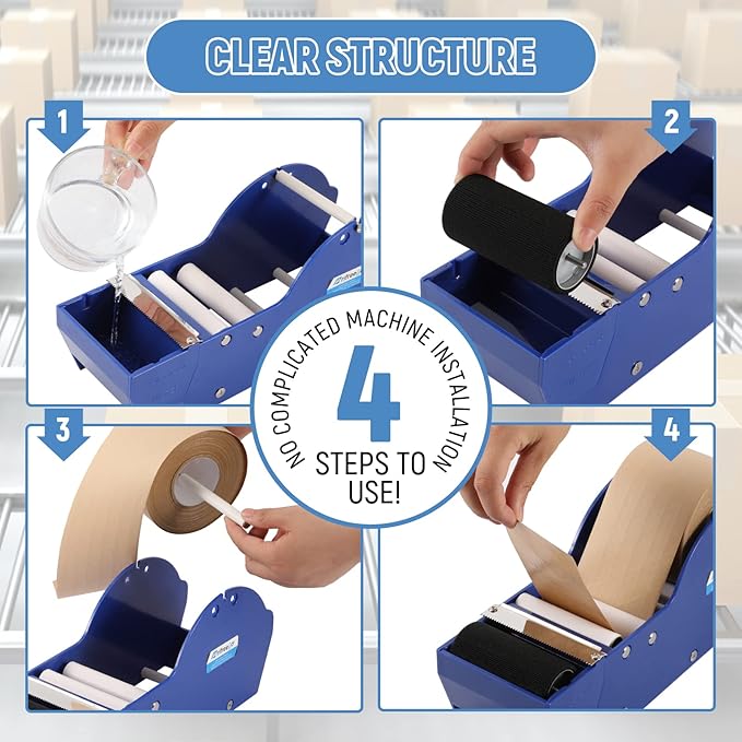 Water-Activated Tape Dispenser, Manual Kraft Gum Tape Dispenser, Width Adjustable 1.18-3.15", Light Weight & Portable Packing Tape Dispenser Set, Blue
