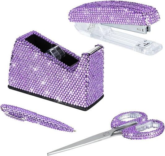 Office Stationery Set,Desk Accessory Kit, Home Office Necessary- Stapler & Desktop Tape Dispenser & Ballpoint Pens & Scissor 4 Piece Office Desk Accessories Kits (Purple)