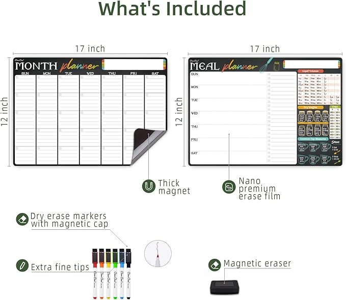 Magnetic Dry Erase Monthly Calendar and Menu Board - 17"x12" Monthly Planner and Meal Planning Board for Fridge - 6 Extra Fine Point Markers Included - Shipped Flat