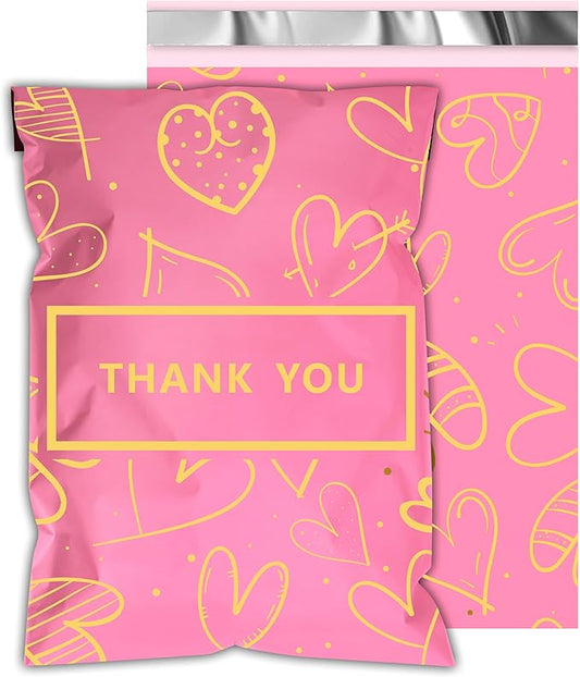 Thank You Poly Mailers 14.5x19 Inch 50 Pcs - Heart Printed Shipping Bags, 2.4mil Thickness, Waterproof and Tear Resistant Mailing Envelopes, Self-Sealing Packaging Bags for Clothing