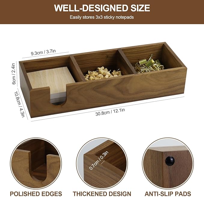 Buqoo 3 in1 Walnut Wooden Sticky Note Holder, 12" x 4.3" x 2.4" Self Stick Note Pads Holder Memo Pad Dispenser for School N Home Office Supplies