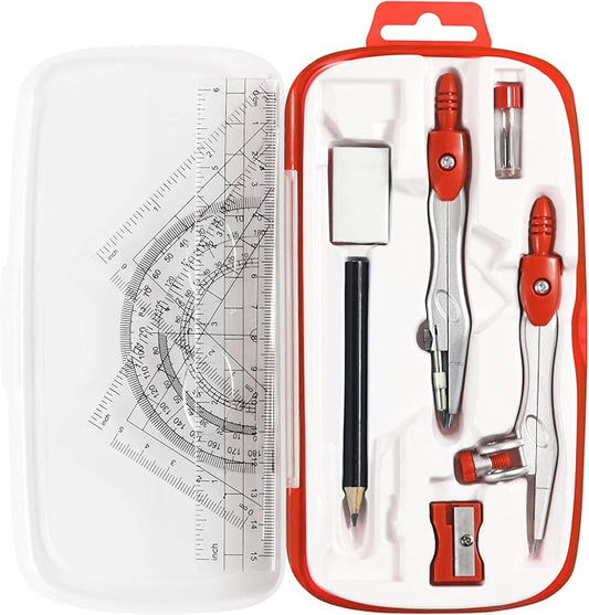 Math Geometry Kit Sets 10 Piece Student Supplies with Shatterproof Storage Box,Includes Rulers,Protractor,Compass,Eraser,Pencil Sharpener,Lead Refills,Pencil,for Drafting and Drawings（Red）