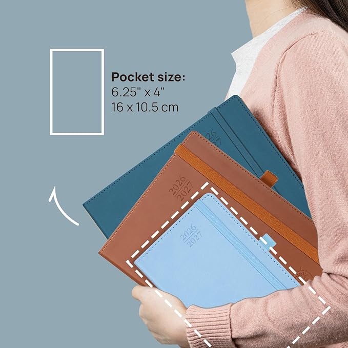 POPRUN Pocket Monthly Planner 2026-2027 (Pocket- 4''x 6.25'' Soft Leather Cover) - 18 Month Calendar Book for Purse (Jan.2026 - Jun. 2027), 100 GSM Thick Paper - Brown