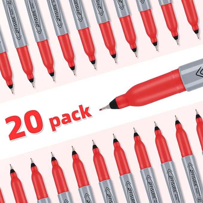 Red Ultra Fine Point Permanent Marker, 20 Pack, 0.4 mm, Precision Fine Tip for Detailed Writing, Art, Crafts & Labeling on Paper, Plastic, Glass, Metal, Waterproof, Fade-Resistant Ink