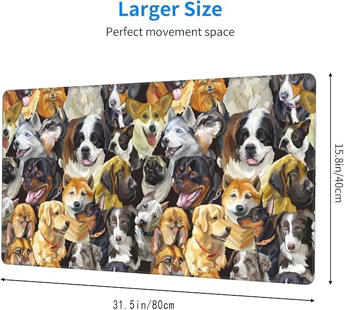 Desk Mat,Cute Dogs Heads Extended Gaming Mouse Pad for Office Work & Game,Computer Keyboard Mouse Mat Desk Non-Slip Rubber Base Large Mousepad with Stitched Edges, 31.5x15.7inch