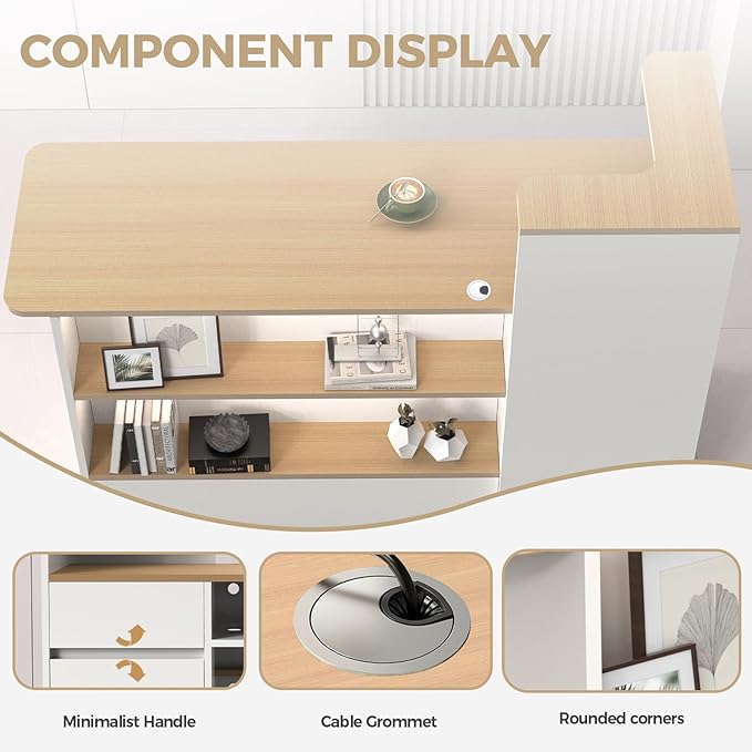 Modern Reception Desk with LED Lights - 59" Front Desk Reception Counter with Dual Display Shelves & Hidden Cable Management, Lockable Drawer & Storage Cabinet for Office, Salon, Spa, Retail, Left