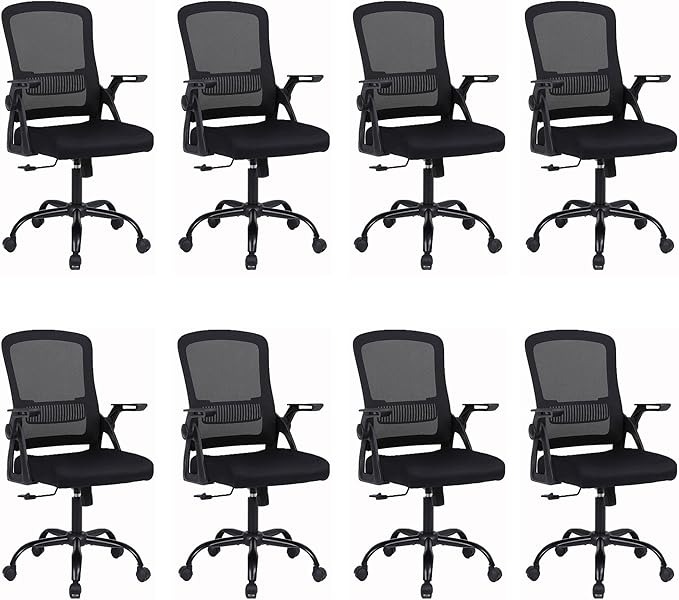 Office Chair, Ergonomic Desk Chair with Lumbar Support, Breathable Mesh Chair with Flip-up Armrests and Mid Back, Comfy Task Computer Height Adjustable Swivel Chair (8, Black)