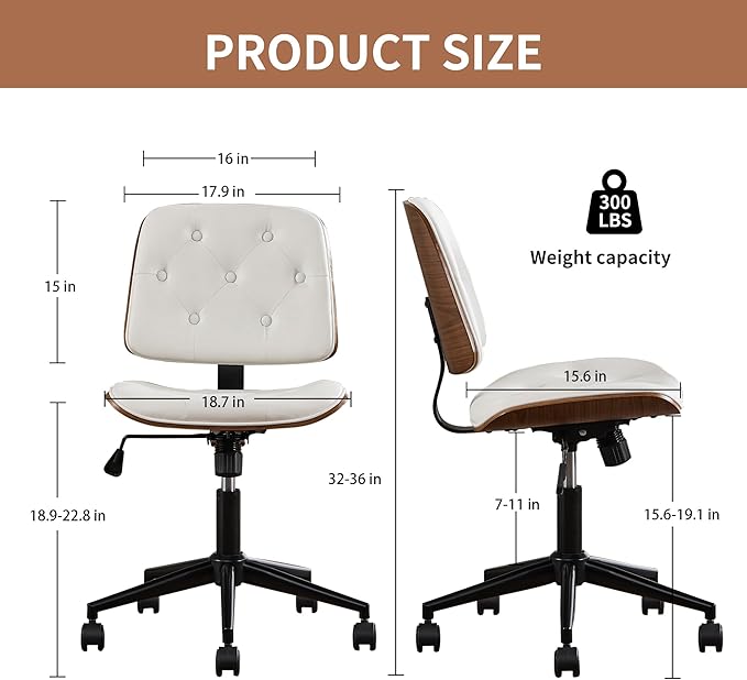 Small Home Office Chair – Adjustable Height, Armless PU Leather Mid-Back Desk Chair with Swivel Wheels, Walnut Finish, Perfect for Study or Bedroom, White