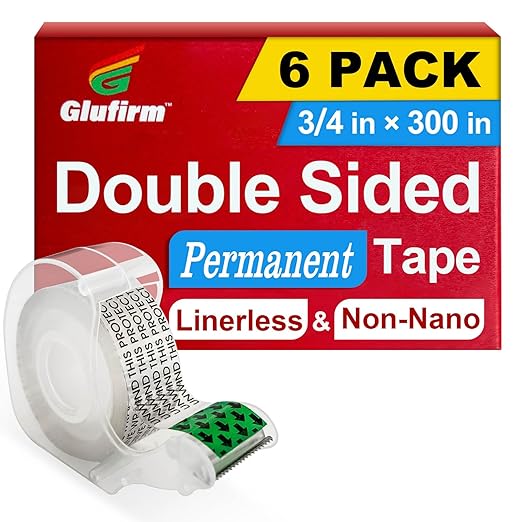 Double Sided Tape for Gift Wrapping with Dispenser, 3/4 in x 300 in, Double Stick Tape 6 Pack, Christmas Wrapping Paper Tape, Linerless, Office and School Supplies