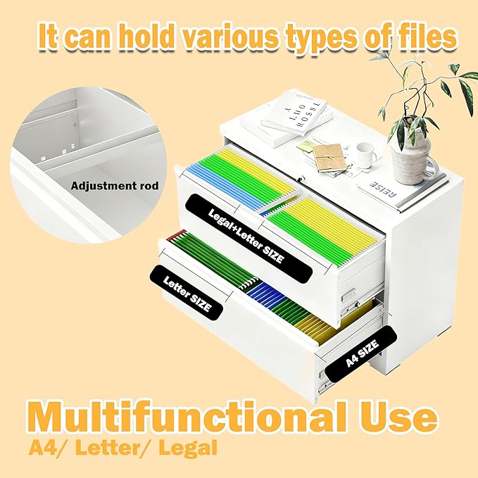 2 Drawer Lateral File Cabinet with Lock, File Cabinet, Metal Lateral Filing Cabinets for Home Office, File Storage Cabinet for Legal/Letter/A4 Documents, Assembly Required (White, 26'W)