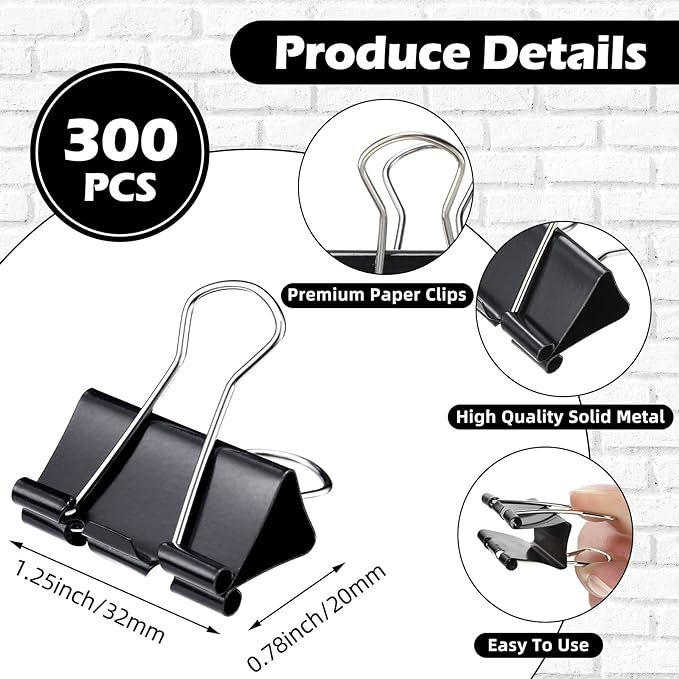 Yexiya 300 Pcs Medium Binder Clips Paper Med Clips Office Supplies Paper Clamps for Teachers Students School Office Business Paperwork Supplies (Black, 1.25 Inch)