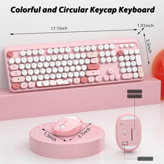 Wireless Keyboard,KOOTOP Cute Colorful 104 Keys Typewriter Retro Round Keycaps Keyboard for PC Laptop,Desktop,Windows, Home and Office Keyboards (Pink)