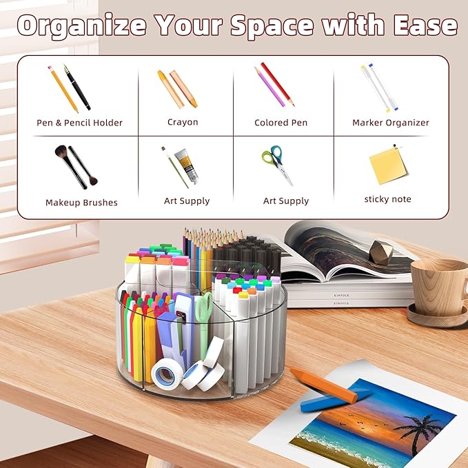 Absonic 2 Pack Acrylic Pen Organizer, 360 Rotating Clear Colored Pen and Pencil Crayon Marker Holder Caddy for Desk, Desktop Storage and Organizer for School Art Supplies