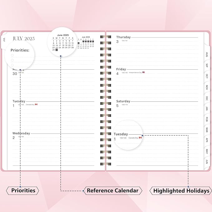 Planner 2025-2026, July 2025 - June 2026 Daily Weekly and Monthly Calendar Planner Book with Tabs, Notes Pages, Inner Pocket, Spiral Schedule Agenda A5 Notebook for School, College, Work-PINK