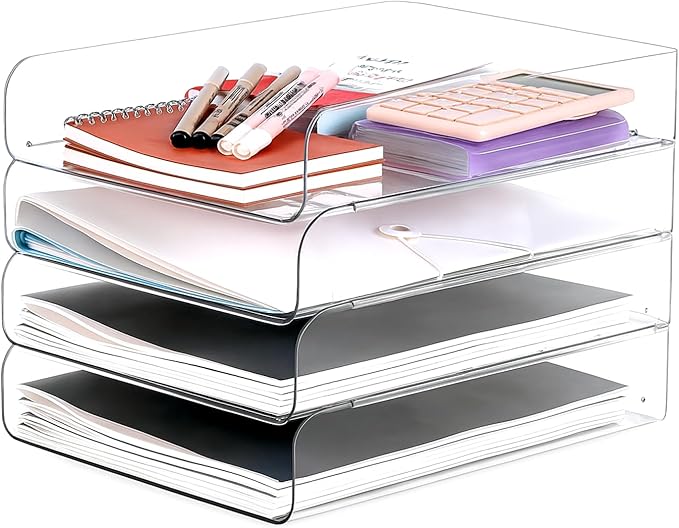 Set of 4 Office Organization and Storage, Clear PET Letter Tray Desk Organizer, Stackable Document and File Paper Organizer for Office Supplies